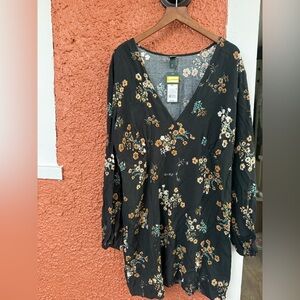 Wild Fable Juniors Floral Mini Dress Long Sleeve 2XL Black V-Neck NWT